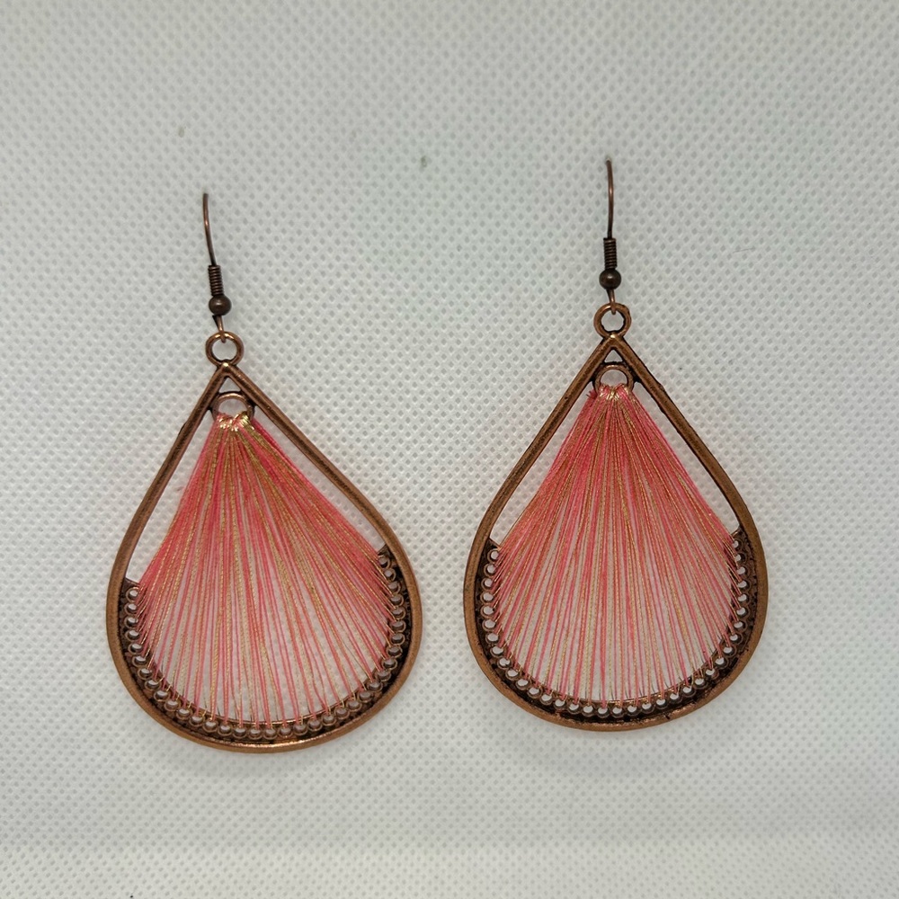 Pink Gold Thread Wrapped‎ Bronze Teardrop Boho Drop Earrings